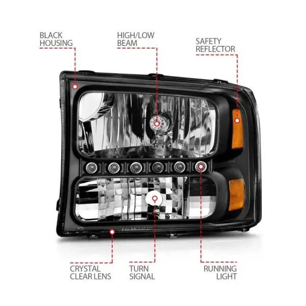 ANZO 2000-2004 Ford Excursion Crystal Headlights Black w/ LED 1pc thumbnail 6