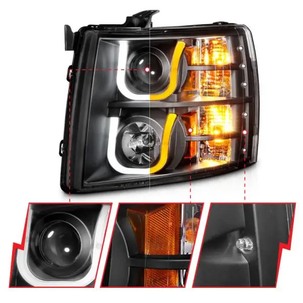 ANZO 2007-2013 Chevrolet Silverado 1500/2500 Projector Headlights w/ U-Bar Switchback Black w/ Amber thumbnail 12