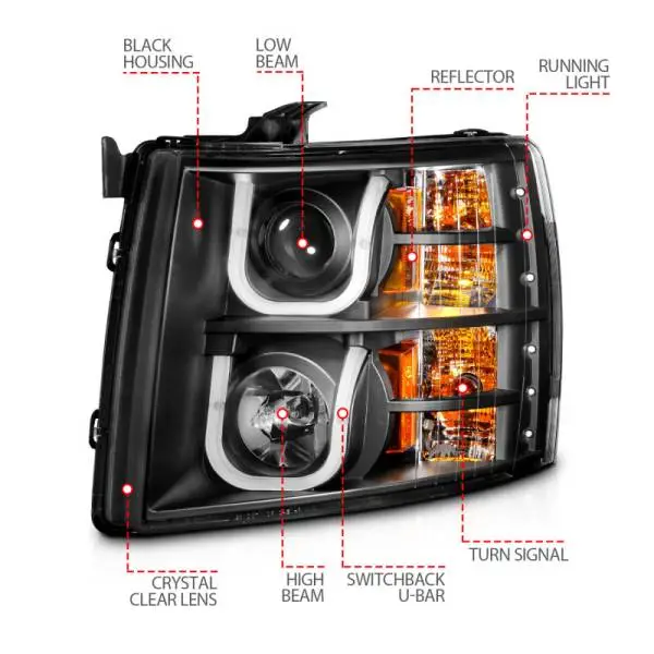 ANZO 2007-2013 Chevrolet Silverado 1500/2500 Projector Headlights w/ U-Bar Switchback Black w/ Amber thumbnail 13
