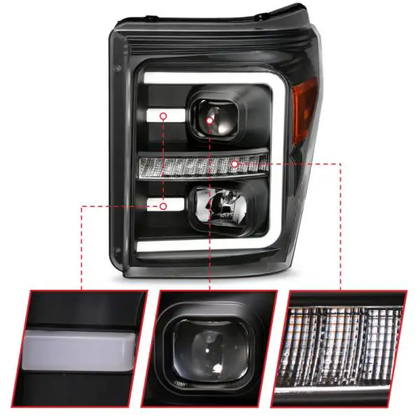 ANZO 2011-2016 Ford F250 Projector Headlights w/ Plank Style Switchback Black w/ Amber image 3