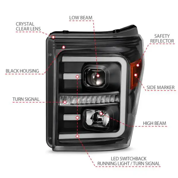 ANZO 2011-2016 Ford F250 Projector Headlights w/ Plank Style Switchback Black w/ Amber image 9