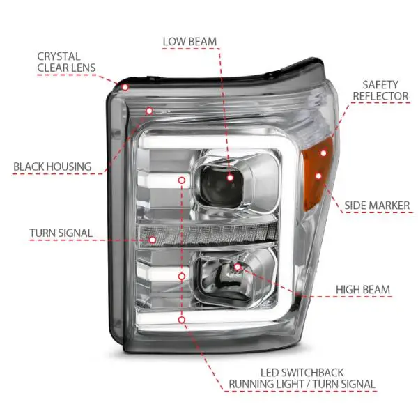 ANZO 11-16 Ford F-250/F-350/F-450 Projector Headlights w/ Plank Style Switchback Chrome w/Amber thumbnail 10