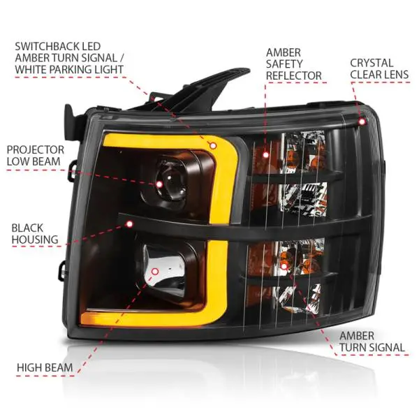 ANZO 07-13 Chevrolet Silverado 1500 Plank Style Projector Headlights Black w/ Amber thumbnail 13