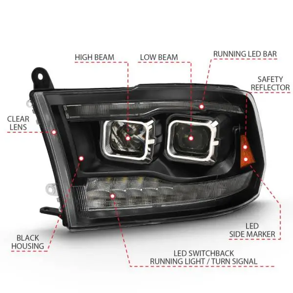 ANZO 2009-2018 Dodge Ram 1500 Projector H.L. Switchback Black Amber image 12