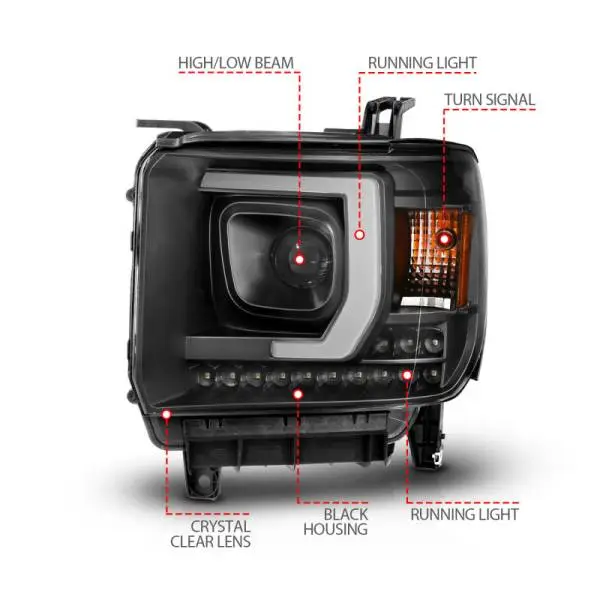 ANZO 2014-2015 GMC Sierra 1500HD Projector Plank Style Headlight Black W/ DRL thumbnail 10
