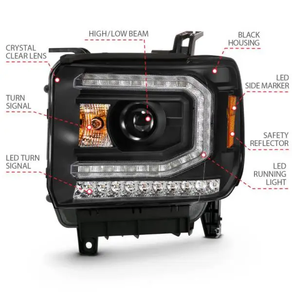 ANZO 2016-2019 GMC Sierra 1500 Projector Headlight Plank Style Black w/ Sequential Amber Signal thumbnail 8