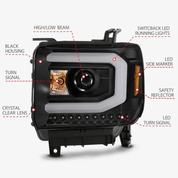 ANZO GMC SIERRA 1500 14-15 2500H/15-19 Projector Headlight Plank Style Black w/ Switchback (Halogen) thumbnail 11
