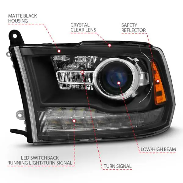 ANZO 2009-2018 Dodge Ram 1500 Projector Headlights Plank Style Halo w/Switchback Matte Black image 7