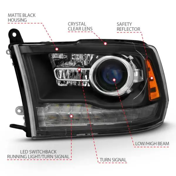 ANZO 2009-2018 Dodge Ram 1500 Projector Headlights Plank Style Halo w/Switchback Matte Black image 11