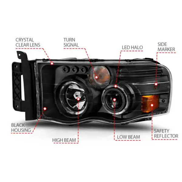 ANZO 2002-2005 Dodge Ram 1500 Projector Headlights w/ Halo Black Clear Amber image 11