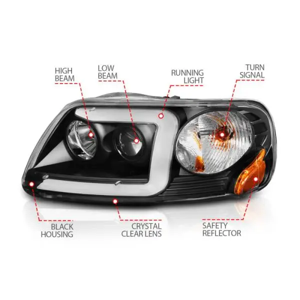 ANZO 1997-2003 Ford F-150 Projector Headlights w/ Light Bar Black Housing thumbnail 10