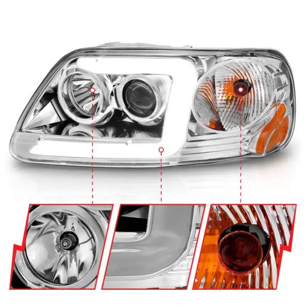 ANZO 1997-2003 Ford F-150 Projector Headlights w/ Light Bar Chrome Housing thumbnail 9