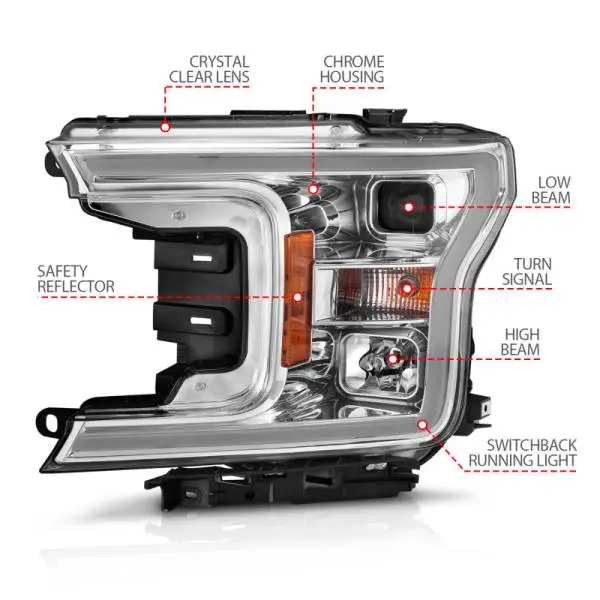 ANZO 2018-2020 Ford F-150 Projector Headlight w/Plank Style Switchback Chrome Housing thumbnail 10