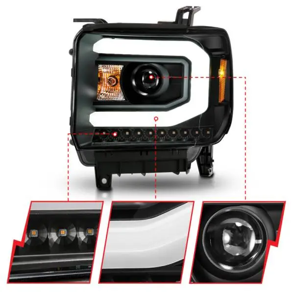 ANZO 2014-2015 GMC Sierra 1500 Projector Headlights w/ Light Bar Black Housing (Halogen Type) thumbnail 9