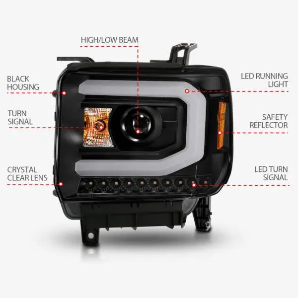 ANZO 2014-2015 GMC Sierra 1500 Projector Headlights w/ Light Bar Black Housing (Halogen Type) thumbnail 10