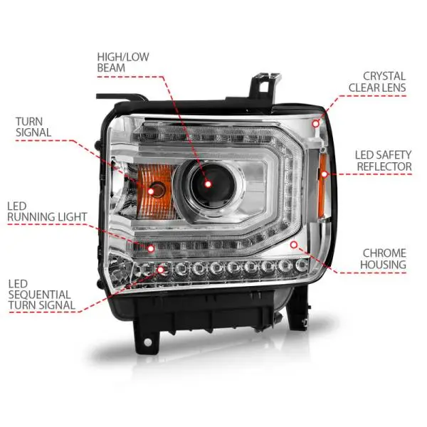 ANZO 2014-2015 GMC Sierra 1500 Projector Headlights w/ Light Bar Chrome Housing (Halogen Type) thumbnail 8