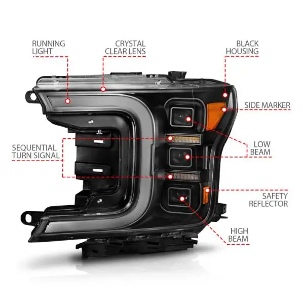 ANZO 18-20 Ford F-150 Full Led Projector Light Bar Headlights Black Amber thumbnail 11
