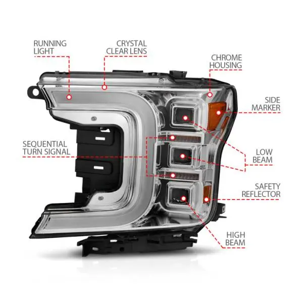 ANZO 18-20 Ford F-150 Full Led Projector Light Bar Style Headlights - Chrome Amber thumbnail 6