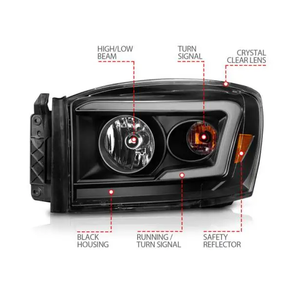 ANZO 06-09 Dodge RAM 1500/2500/3500 Headlights Black Housing/Clear Lens (w/Switchback Light Bars) thumbnail 6