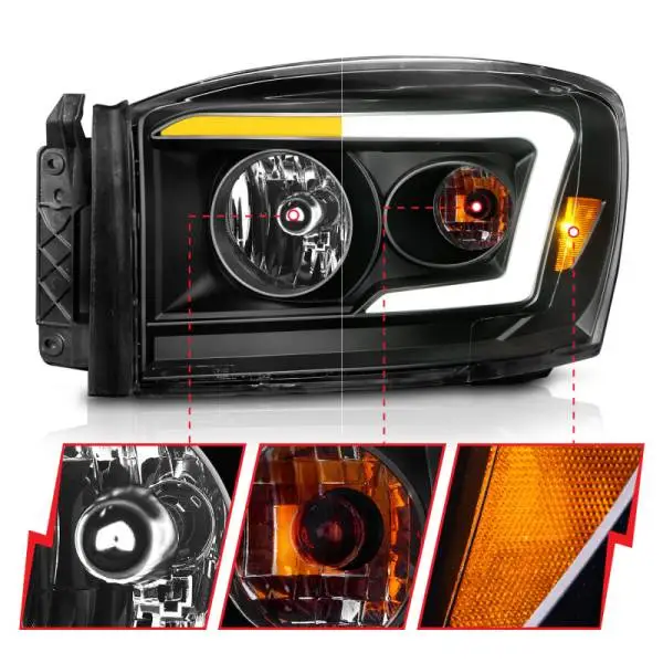 ANZO 06-09 Dodge RAM 1500/2500/3500 Headlights Black Housing/Clear Lens (w/Switchback Light Bars) thumbnail 9