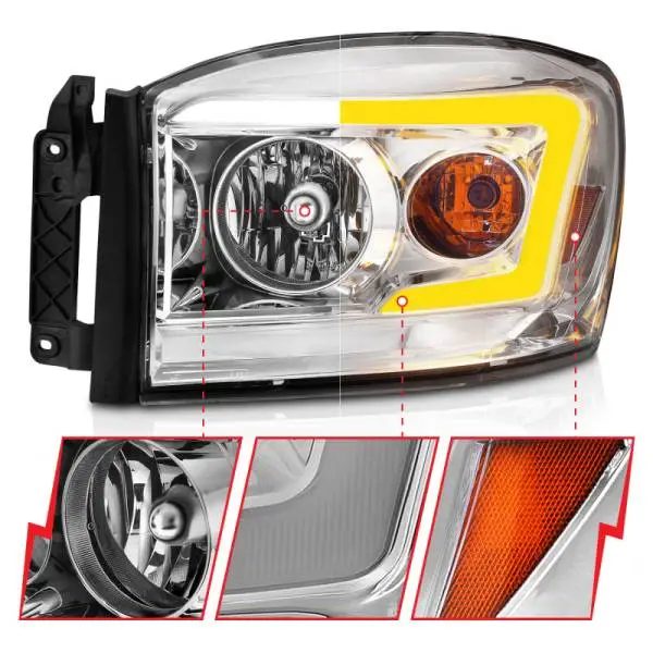 ANZO 06-09 Dodge RAM 1500/2500/3500 Headlights Chrome Housing/Clear Lens (w/Switchback Light Bars) thumbnail 4