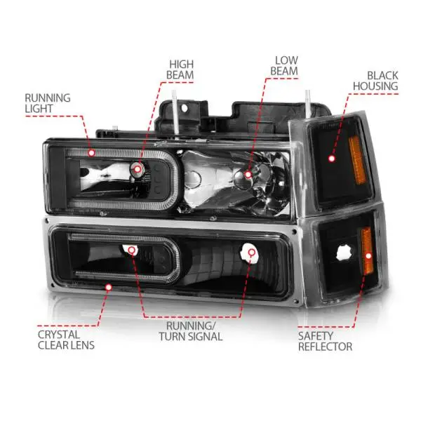 ANZO 88-98 Chevrolet C1500 Crystal Headlights w/ Light Bar Black Housing w/ Signal Side Markers 8Pcs thumbnail 6