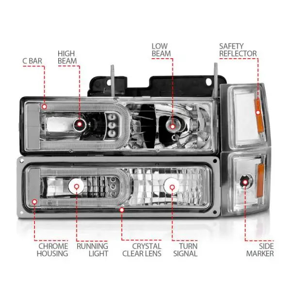ANZO 88-98 Chevrolet C1500 Crystal Headlights w/Light Bar Chrome Housing w/ Signal Side Markers 8Pcs thumbnail 6