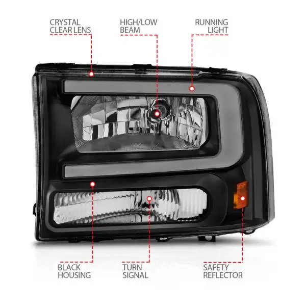 ANZO 99-04 Ford F250/F350/F450/Excursion (excl. 99) Crystal Headlights - w/ Light Bar Black Housing thumbnail 10
