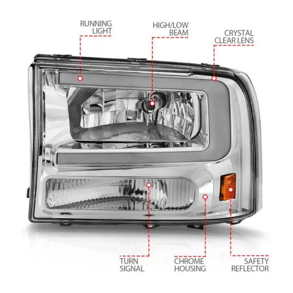 ANZO 99-04 Ford F250/F350/F450/Excursion (excl. 99) Crystal Headlights - w/ Light Bar Chrome Housing thumbnail 10