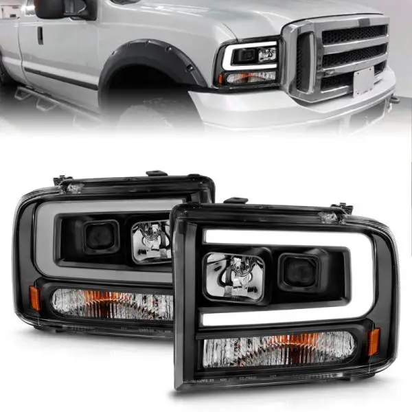 ANZO 99-04 Ford F250/F350/F450/Excursion (excl 99) Projector Headlights - w/ Light Bar Black Housing thumbnail 2