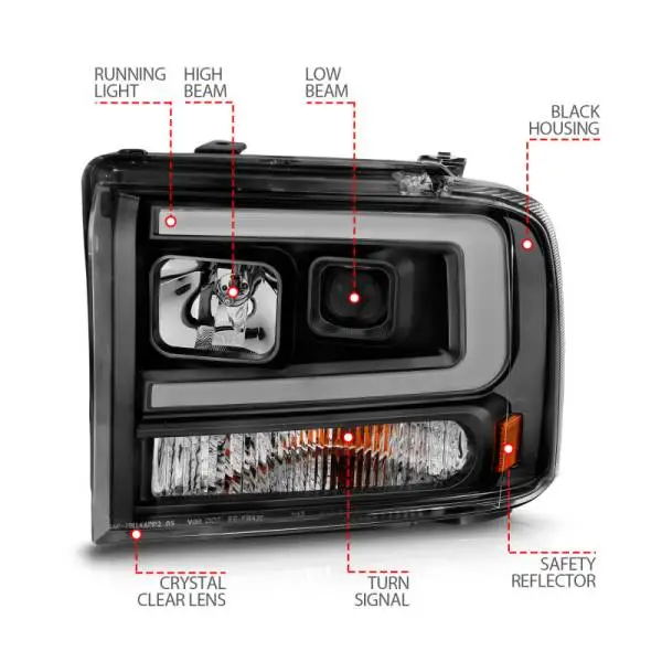 ANZO 99-04 Ford F250/F350/F450/Excursion (excl 99) Projector Headlights - w/ Light Bar Black Housing thumbnail 7