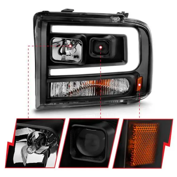 ANZO 99-04 Ford F250/F350/F450/Excursion (excl 99) Projector Headlights - w/ Light Bar Black Housing thumbnail 9