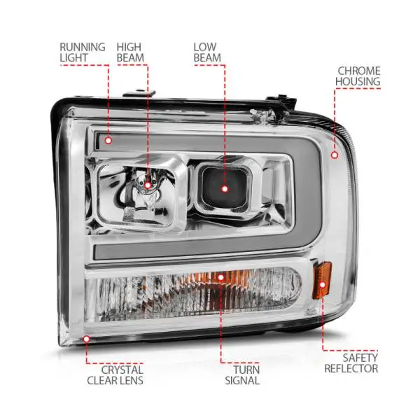 ANZO 99-04 Ford F250/F350/F450/Excursion (excl 99) Projector Headlights - w/Light Bar Chrome Housing thumbnail 7