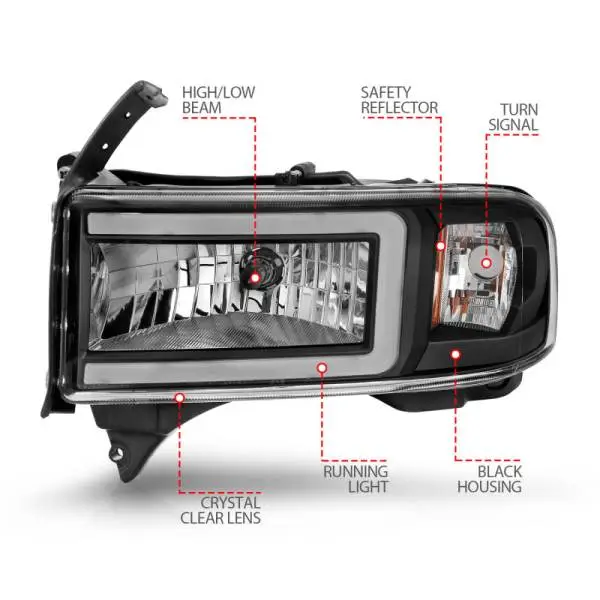 ANZO 94-02 Dodge RAM Crystal Headlight - w/ Light Bar Black Housing image 10