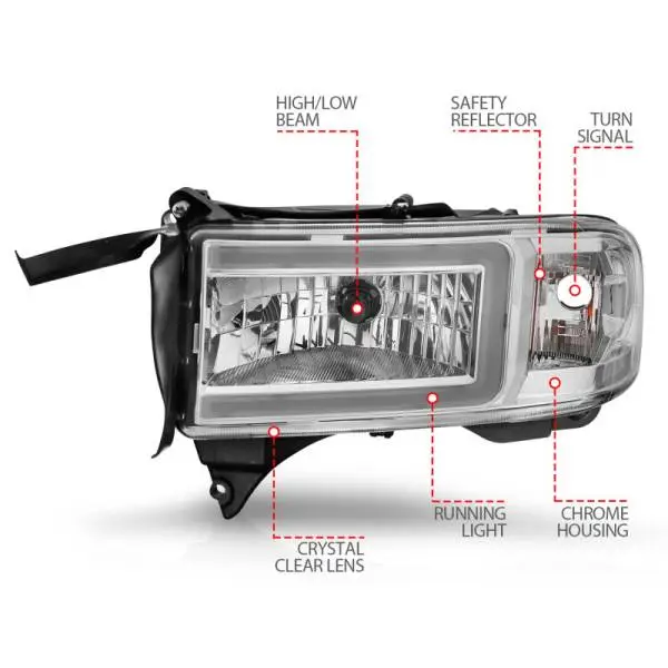 ANZO 94-02 Dodge RAM Crystal Headlight - w/ Light Bar Chrome Housing image 7