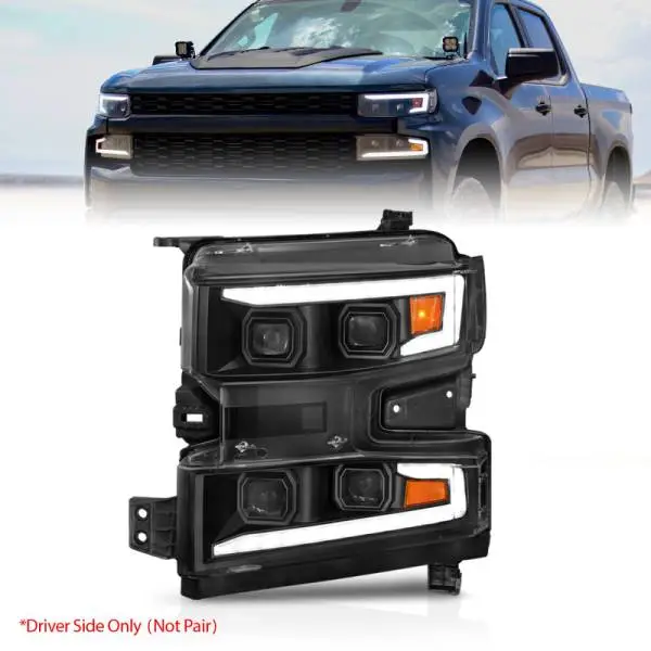 ANZO 19-22 Chevrolet Silverado 1500 LED Proj HL w/Lgt Bar SwBk Seq. Blk w/In. Light - Driver Side ON thumbnail 2