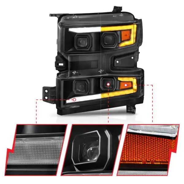 ANZO 19-22 Chevrolet Silverado 1500 LED Proj HL w/Lgt Bar SwBk Seq. Blk w/In. Light - Driver Side ON thumbnail 4