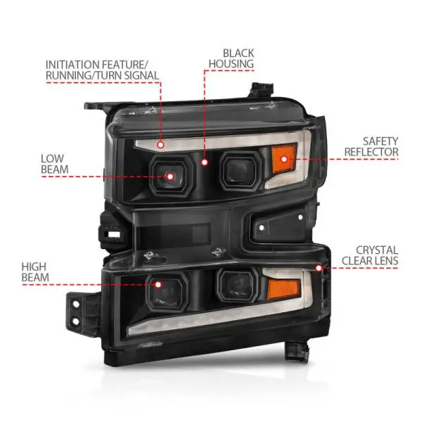 ANZO 19-22 Chevrolet Silverado 1500 LED Proj HL w/Lgt Bar SwBk Seq. Blk w/In. Light - Driver Side ON thumbnail 9