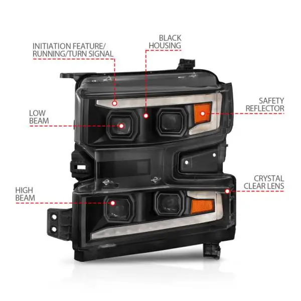 ANZO 19-22 Chevrolet Silverado 1500 LED Proj HL w/Lgt Bar SwBk Seq. Blk w/In. Light - Driver Side ON thumbnail 12