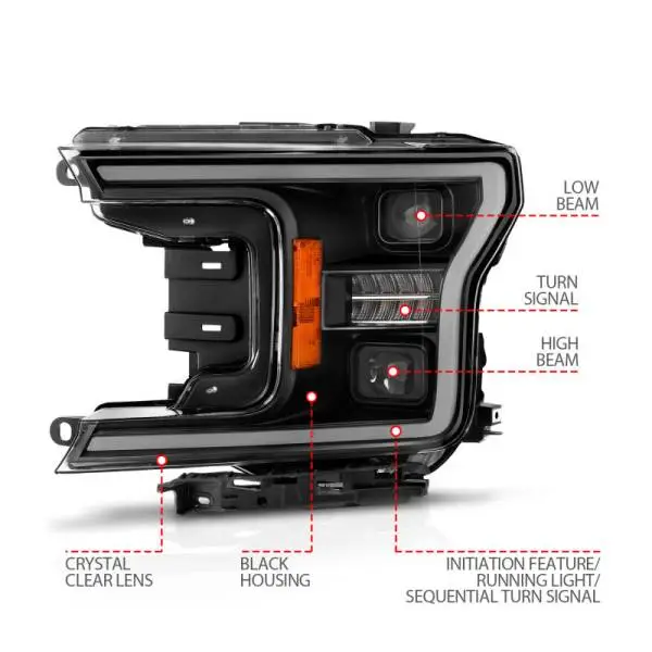 ANZO 18-20 Ford F-150 (w/o Fctry LED) Full LED Proj Headlights w/Light Bar Swtchbk Seq. Black w/Init thumbnail 7