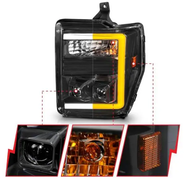 ANZO 08-10 Ford F-250 - F-550 Super Duty Projector Headlights w/ Light Bar Switchback Black Housing thumbnail 4