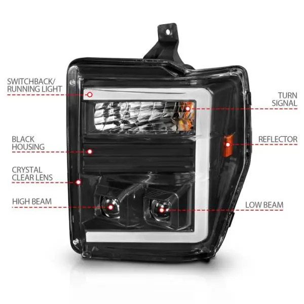 ANZO 08-10 Ford F-250 - F-550 Super Duty Projector Headlights w/ Light Bar Switchback Black Housing thumbnail 5