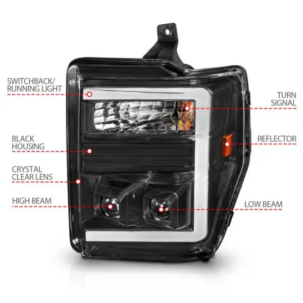ANZO 08-10 Ford F-250 - F-550 Super Duty Projector Headlights w/ Light Bar Switchback Black Housing thumbnail 10