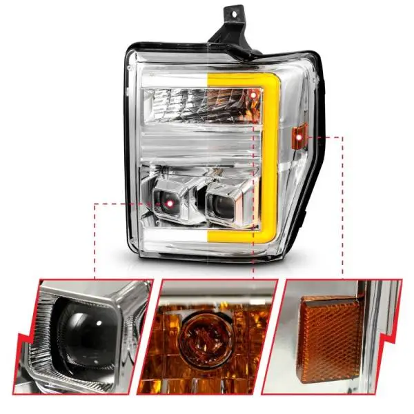 ANZO 08-10 Ford F-250 - F-550 Super Duty Projector Headlights w/ Light Bar Switchback Chrome Housing thumbnail 4