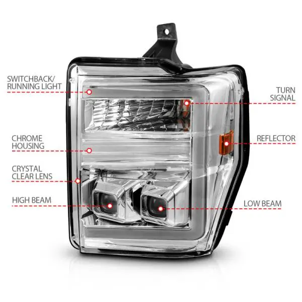 ANZO 08-10 Ford F-250 - F-550 Super Duty Projector Headlights w/ Light Bar Switchback Chrome Housing thumbnail 10