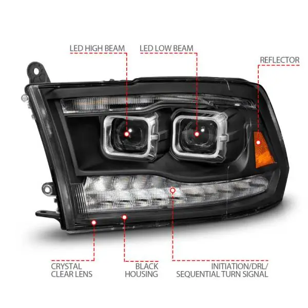 ANZO 09-18 Dodge Ram 1500/2500/3500 Full LED Proj Headlights w/Switchback Light Bar - Black thumbnail 11