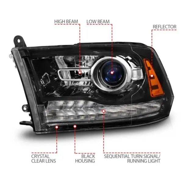 ANZO 09-18 Dodge 1500-3500 LED Plank Style Headlights w/Switchback+Sequential Hyper Black (OE Style) thumbnail 5