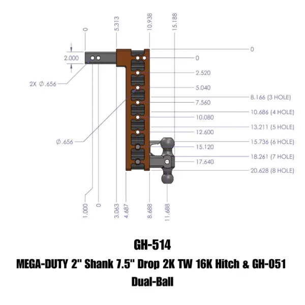 Gen-Y Mega Duty 2in Shank 7.5in Drop 2K TW 16K Hitch w/GH-051 Dual-Ball