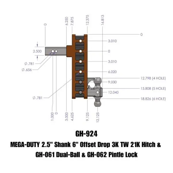 Gen-Y Mega Duty 2.5in Shank 6in Offset Drop 21K Hitch w/GH-061 Dual-Ball/GH-062 Pintle Lock thumbnail 2