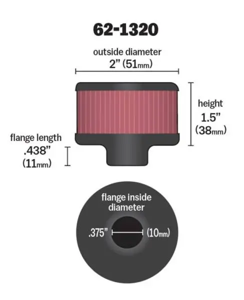 K&N Clamp On Rubber Base Crankcase Vent Filter 0.375in Flange ID x 2in OD x 1.5in Height image 4